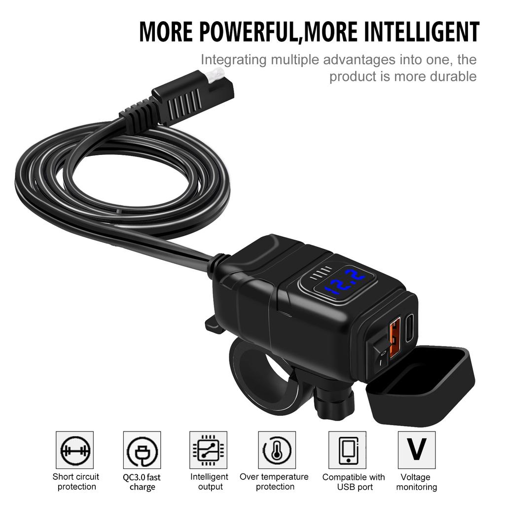 Motorcycle Phone Charger, USB Type C Quick Charge 3.0 Motorcycle USB Charger with Voltmeter ON/Off Switch for Phone Tablet 7/8inch Handlebar