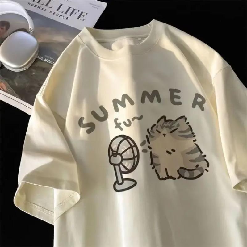 American Street Creative Blow Fan Cat Pure Cotton T-shirt for Men and Women Summer Relaxed Short Sleeve Couple Wear INS Top Sense of Design Streetwear