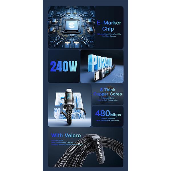Essager USB C To USB Type C Cable 240W 5A PD 3.1 Fast Charging Charger Digital Cable For iPhone 15 Laptop MacBook Pro Xiaomi