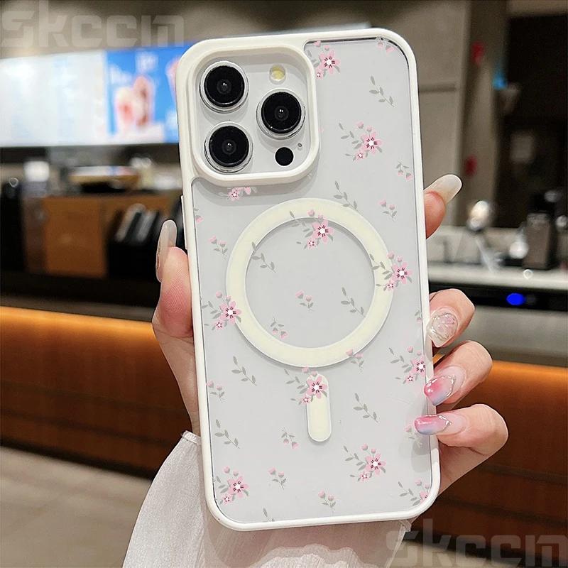 Прозрачный чехол для телефона с цветами для iPhone 16E 16 15 14 13 11 12 Pro Max Plus X XS Max XR Магнитный беспроводной зарядный чехол для телефона