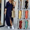 Women Fashion Long Sleeve Plain Shirt Dresses Lapel Collar Button V Neck Slit Irregular Hem Maxi Dress