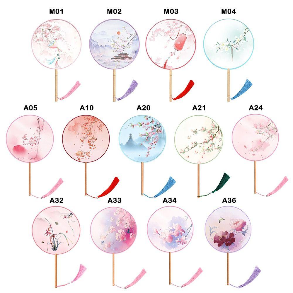 Полупрозрачный круглый веер с длинной ручкой Шелковый веер Вышитый веер для Ханьфу Танцевальное выступление