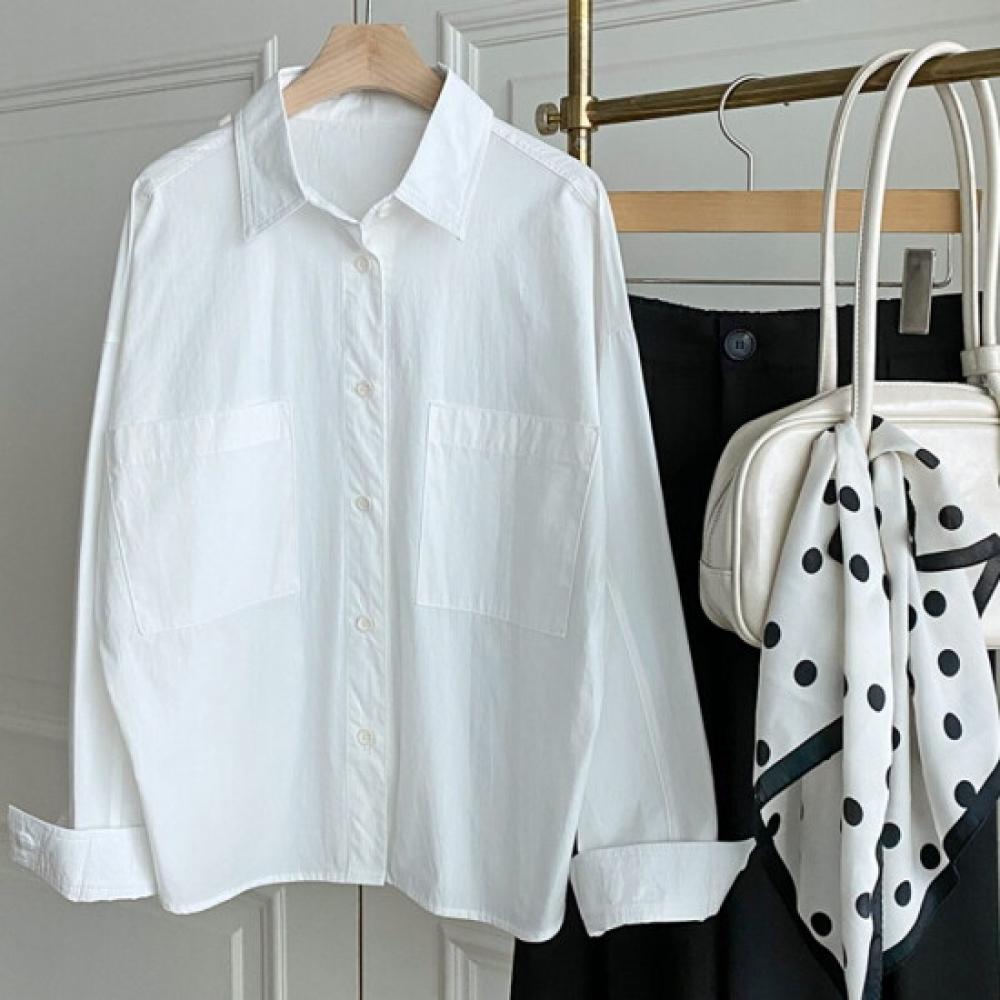 Shop Women Collar Neck Big Pocket Basic Solid Cotton 100 Shirt Ivory Dgb Wbl