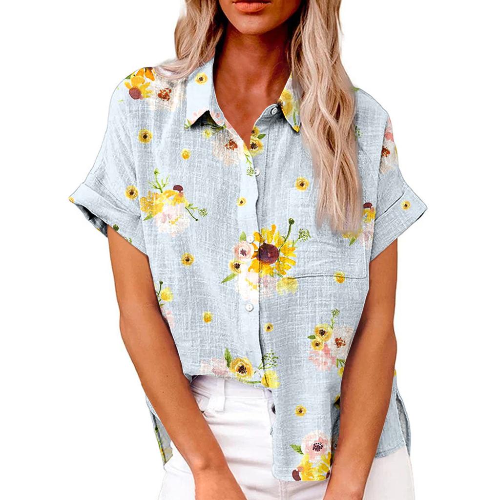 Женская модная свободная повседневная рубашка с коротким рукавом и отворотом на пуговицах, футболка с принтом, топ