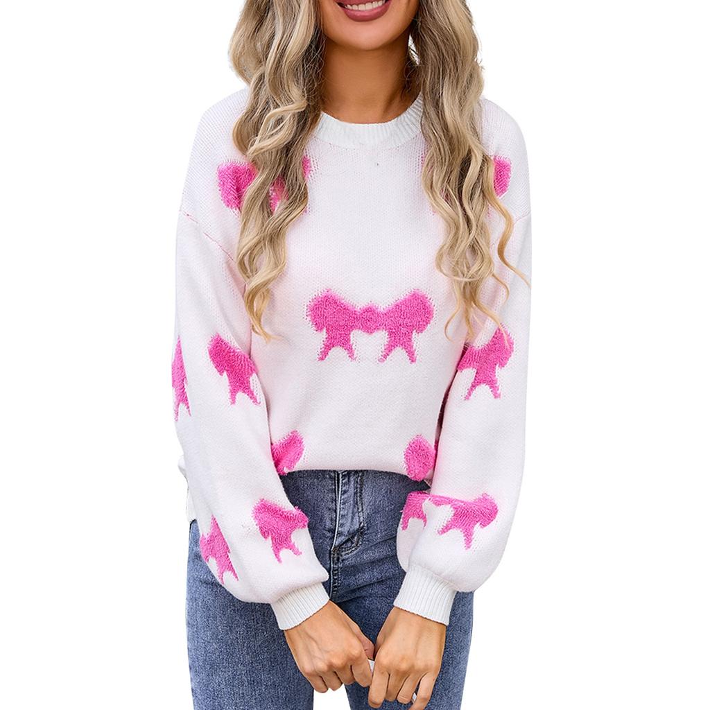 Women's Casual Fashion Comfortable Round Neck Pullover Bow Long Sleeve Street Trend Knitted Sweater