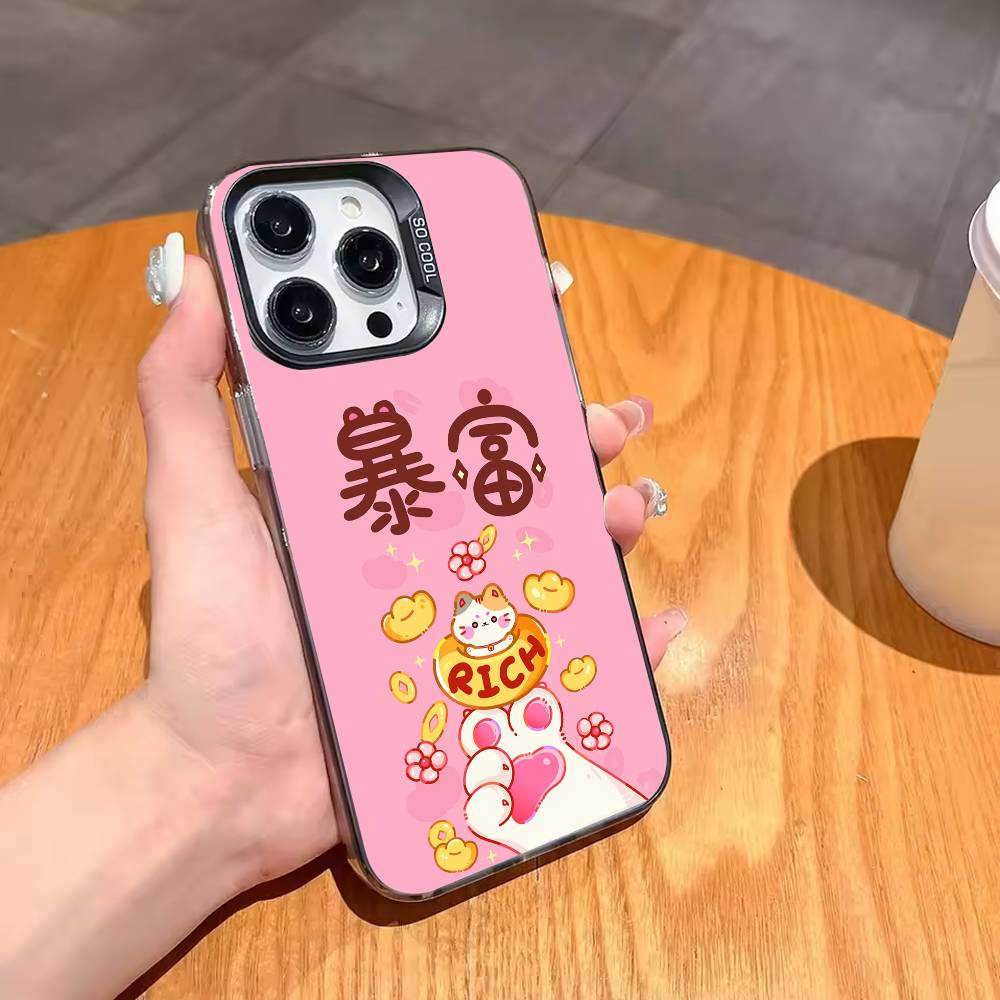 Счастливый Кот Денег M-Maneki N-Neko Чехол для Телефона Для iPhone17 16 15 14 13 12 Pro Max Серый Черный Матовый Лазерный Металлик Аврора Funda