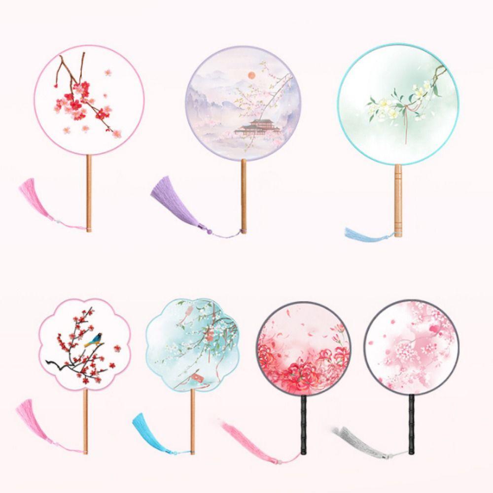 Chinese Style Round Hand Fan Ink Painting Ancient Dance Silk Fan Long Handle with Tassel Embroidery Fan for Wedding