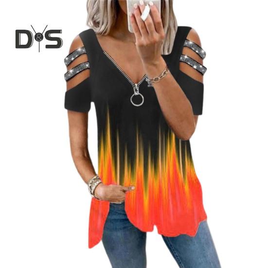 Женская летняя футболка с открытыми плечами, декор со стразами, короткие рукава, большие размеры, свободный подол, V-образный вырез, градиентный контрастный цвет, женская блузка