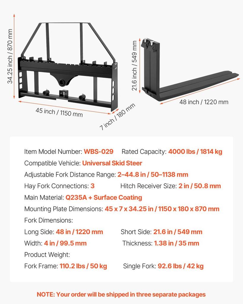 Skid Steer Pallet Forks, 1814 kg Rated Capacity, Pallet Fork Frame Attachment with 122 cm Pallet Forks Forklift Blades, 50.8 mm Hitch Receiver & Spear