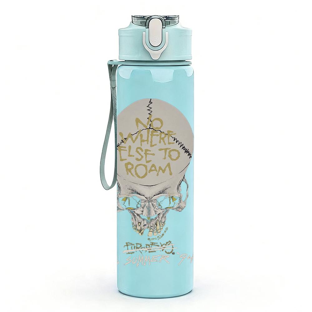 1PC Pale skull monochrome vintage print 750ml colorful plastic sports water bottle leakproof pop up lid with straw for outdoor work home use