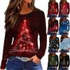 Женская модная повседневная футболка с разрезом по низу, круглым вырезом, длинными рукавами, свободного кроя, с рождественским принтом, женский топ