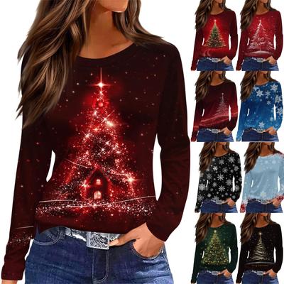 Женская модная повседневная футболка с разрезом по низу, круглым вырезом, длинными рукавами, свободного кроя, с рождественским принтом, женский топ