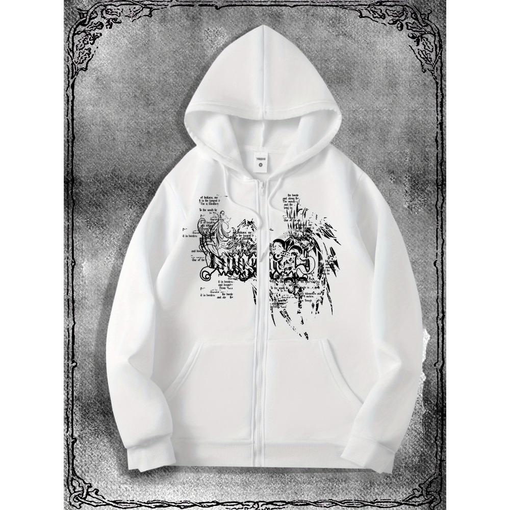 Уникальная мужская готическая толстовка на молнии - Черная с белым готическим принтом, Повседневная уличная толстовка со смелым узором, Прочная ткань
