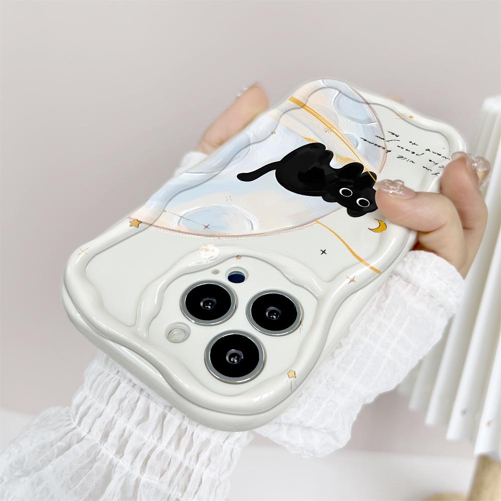 Для iPhone 16 15 14 13 12 Pro Max Samsung S24 Ultra S23 S22 Plus Redmi Note 13 Pro Мягкий волнистый край с рисунком милого кота на всю длину объектива защитный чехол