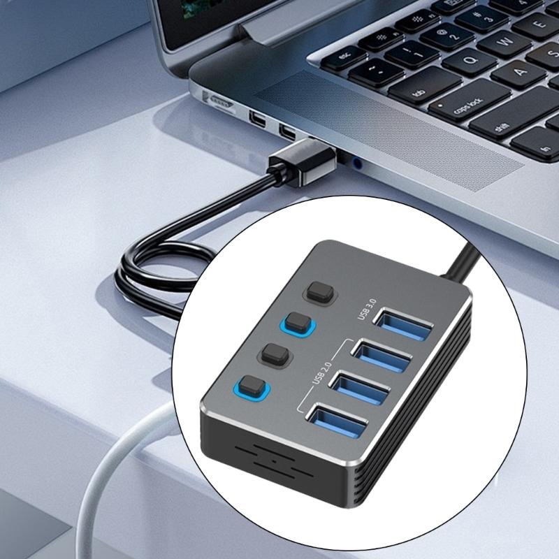 Высокоскоростной USB 3.0 адаптер с 4 портами, независимыми переключателями, светодиодными индикаторами и питанием Type-C для быстрой передачи данных