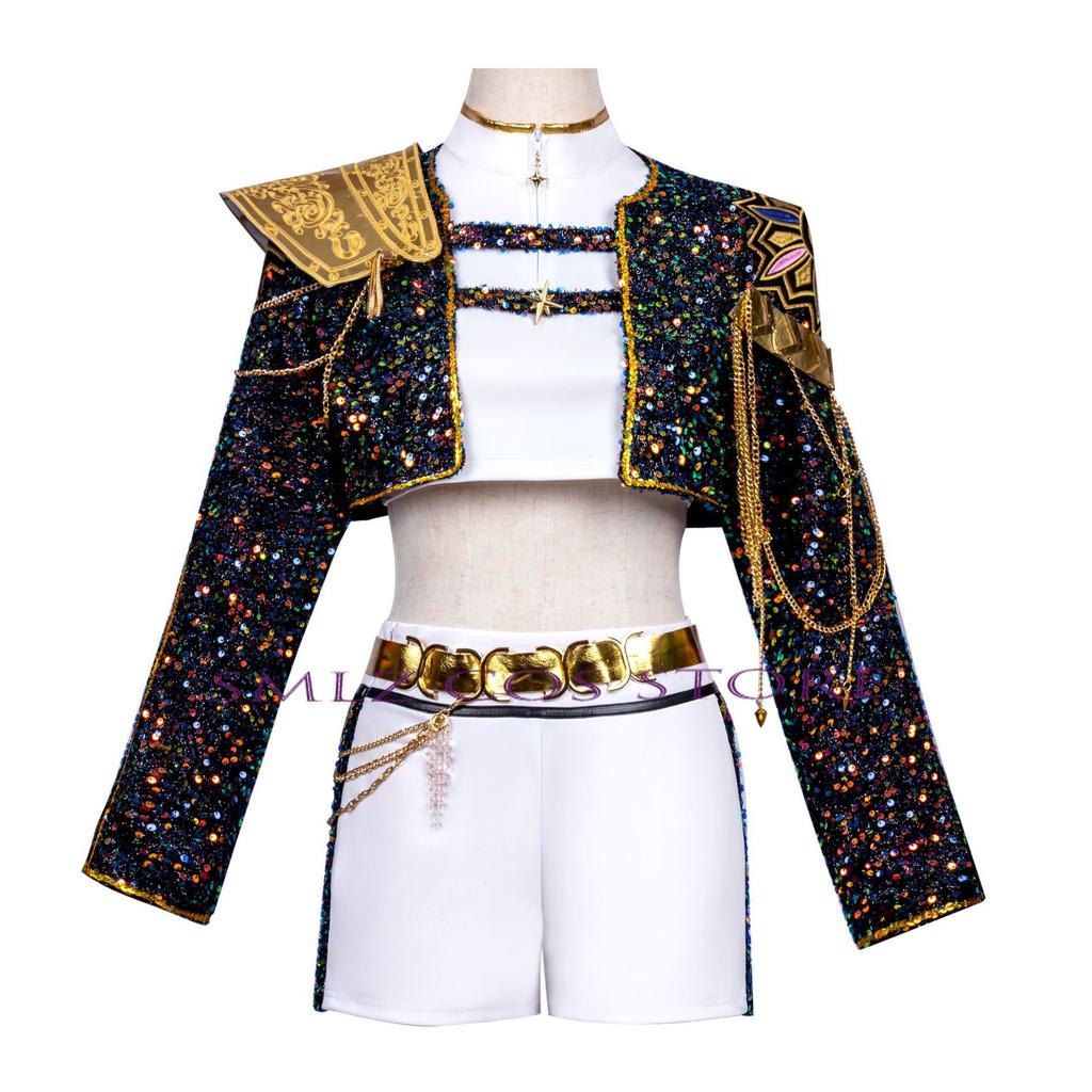 2025 Горячая Женщина Руми Зои Мира Косплей Костюм Черный Золотой Блестящий Мундир KPop Костюм Охотников на Демонов Наряд для Взрослых