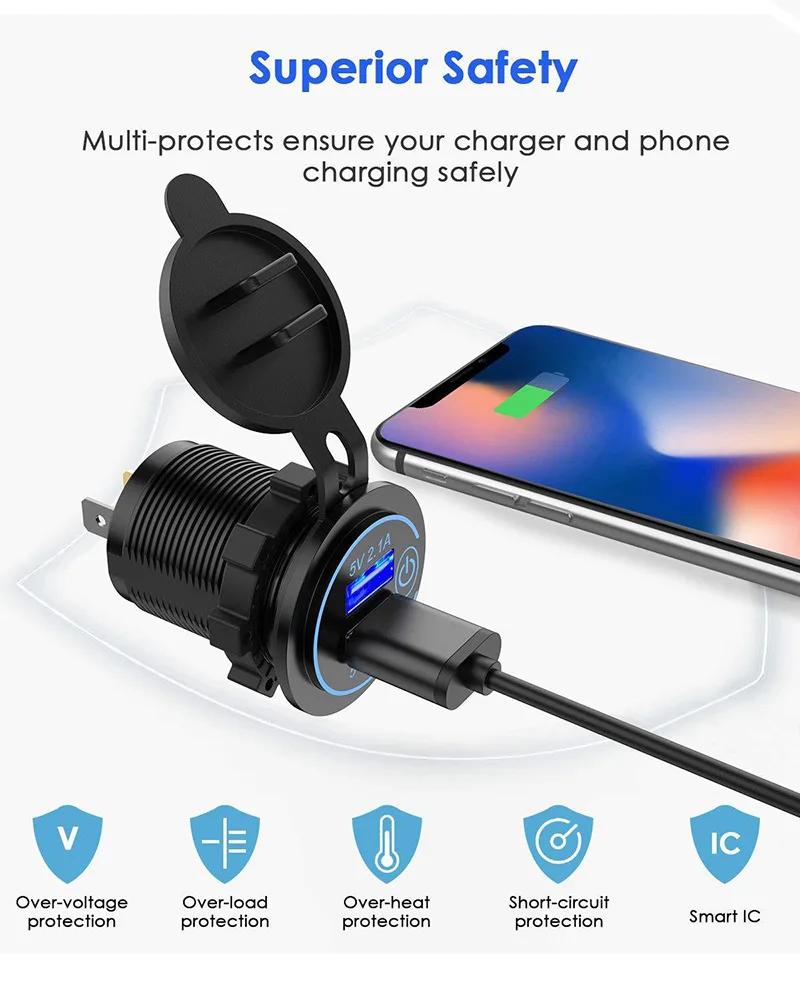 12-24 В, универсальная 4,2 А, двойная USB-розетка для зарядного устройства с сенсорным переключателем для автомобиля, лодки, мотоцикла, морского автофургона