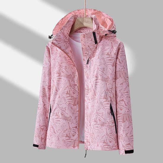Women Jacket Outdoor Windbreaker Single-layer Waterproof Leaf Print Breathable Long Sleeve Hooded Zipper Pockets Zip Up