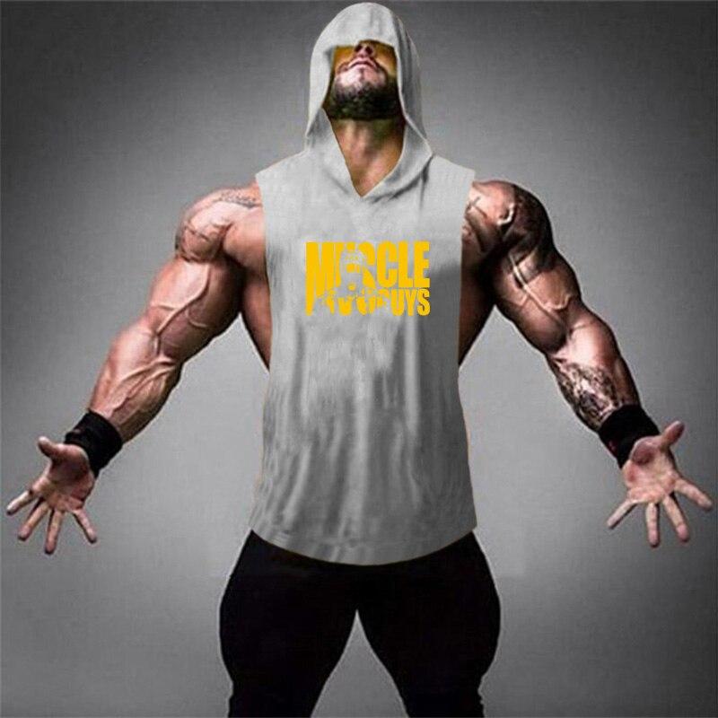 Muscleguys Майка-стрингер для бодибилдинга Muscle Guys с капюшоном, мужская спортивная одежда, жилет с капюшоном без рукавов для фитнеса, хлопковые майки Tankops