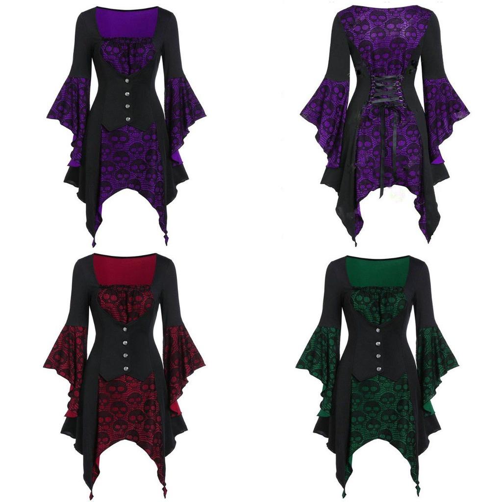 Women's Vintage Skull Head Medieval Gothic Witch Cosplay Costume Dress For Halloween Party