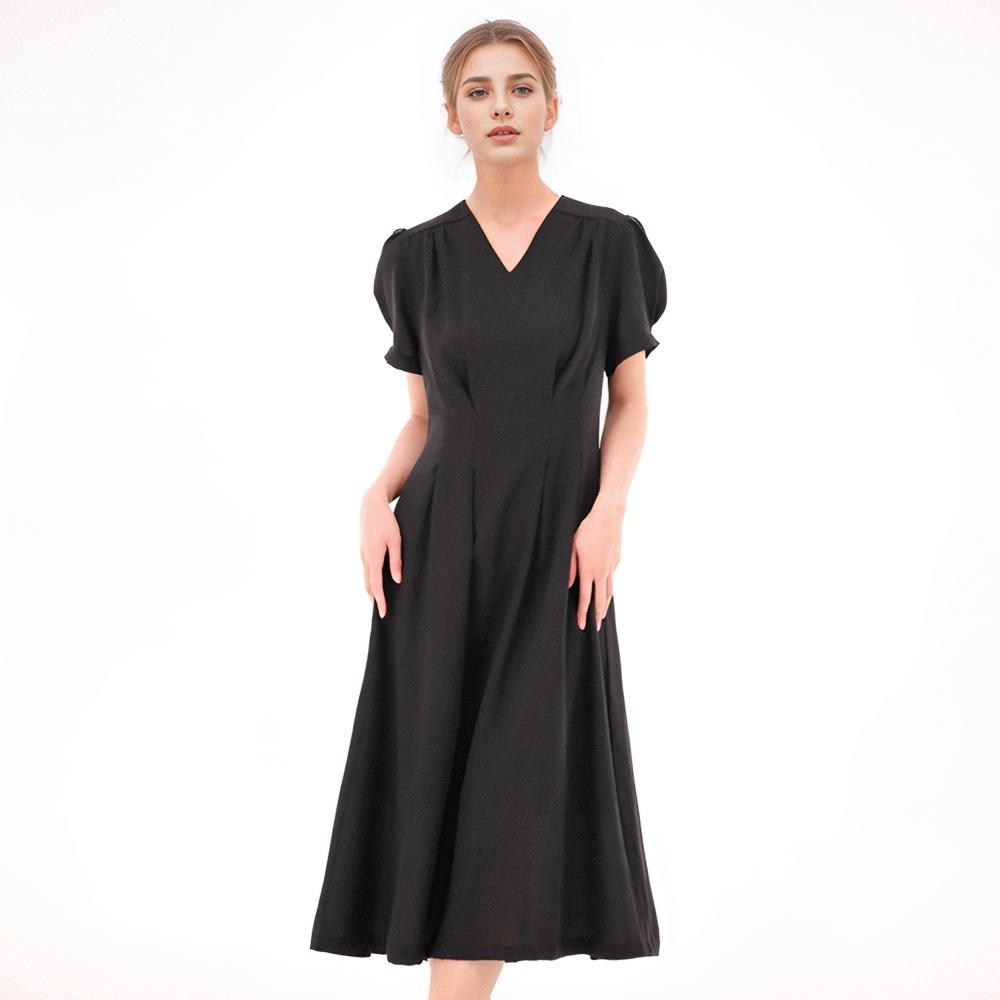 Acud V Neck Linen Dress_Black
