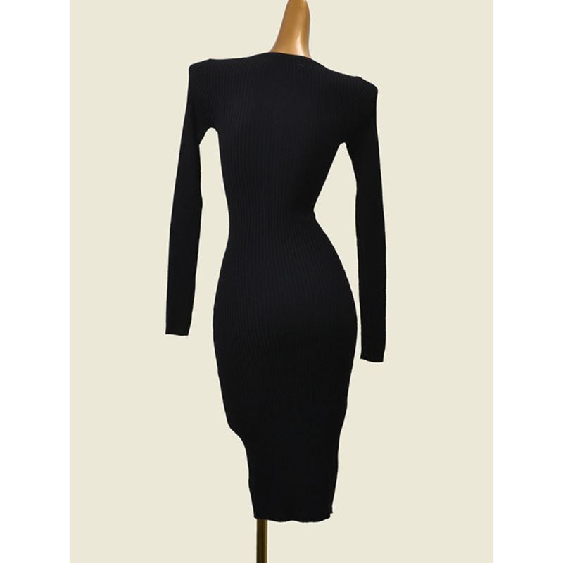 Black Early Autumn Slim Fit Waist-Controlled Base Knitted Dress