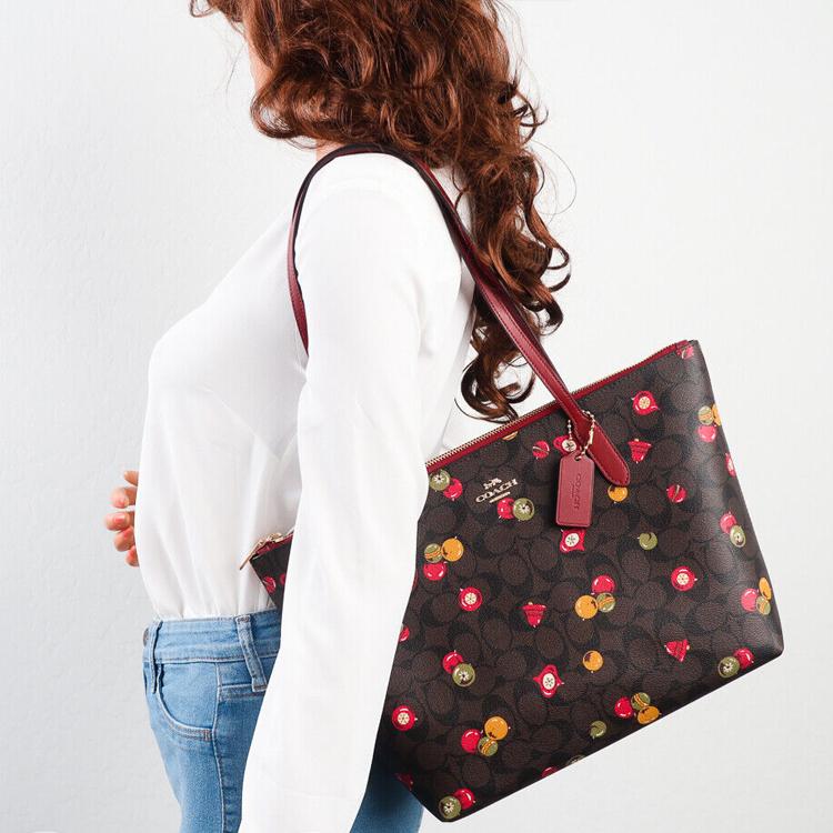 Coach Zip Top Tote 29 Fruit Print Classic Monogram Recycled Eco-Friendly Canvas With Leather Tote Bag Women Tote Bag Brown Black Red C7254-IMOSN