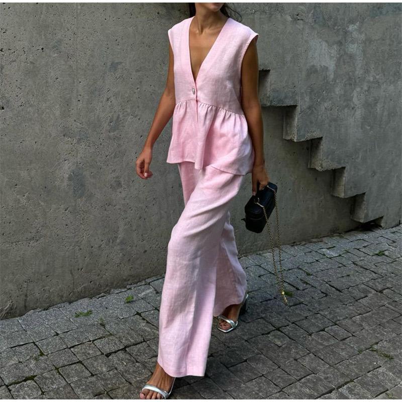Cotton V-neck Sleeveless Top Women's Loose Vest Pants Set Solid Color Temperament Commut Two-piece Set Spring and Summer New