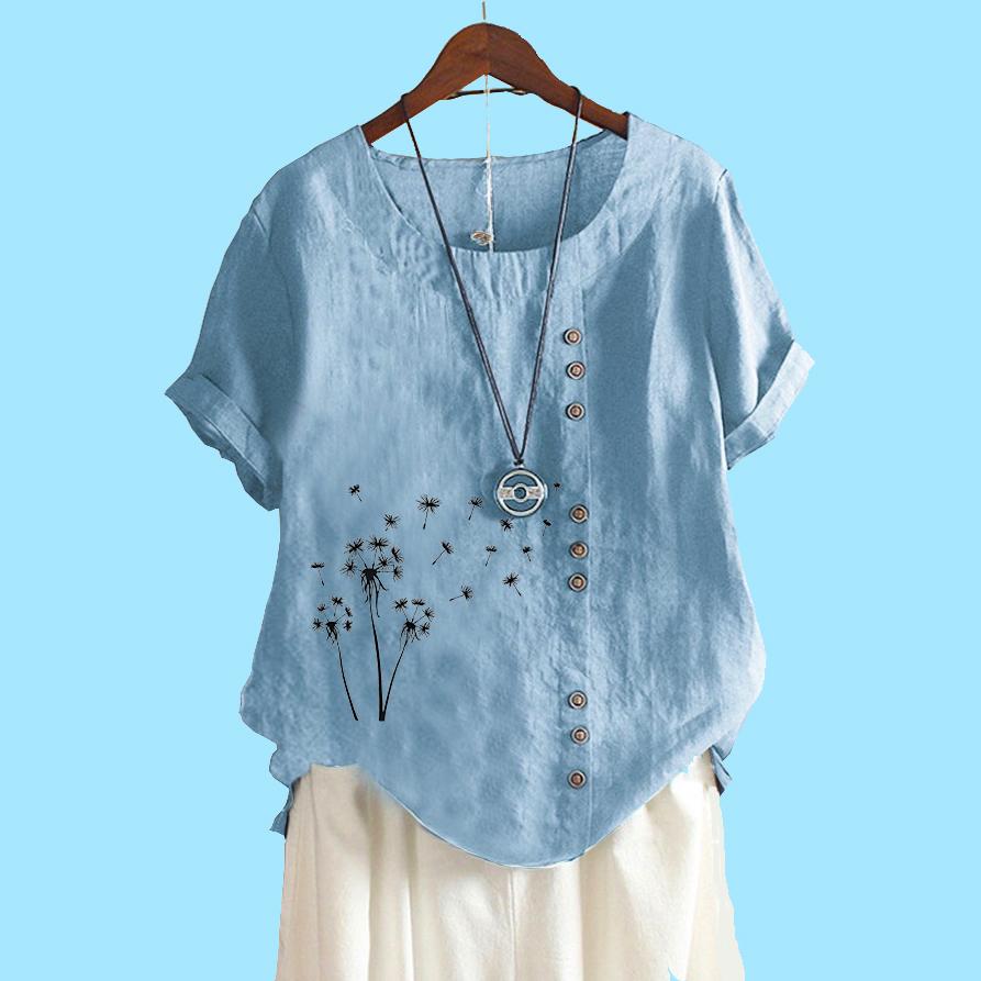 Женская мода хлопок льняной топ блузка лето и осень короткий рукав футболка женская повседневная цветочный принт свободная блузка