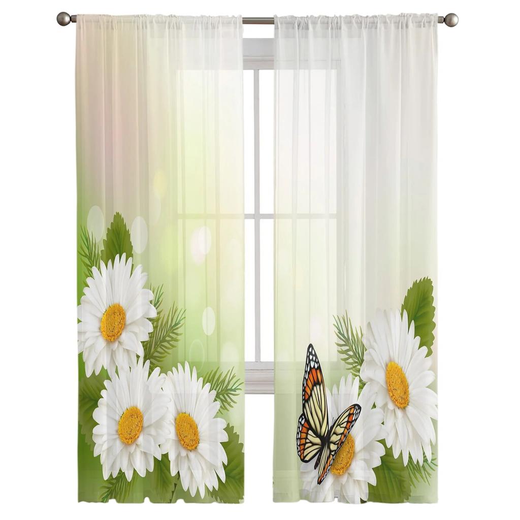 Прозрачные шторы с белым цветком, хризантемой и бабочкой для спальни, гостиной, вуали, оконные шторы, тюлевые шторы для детской комнаты
