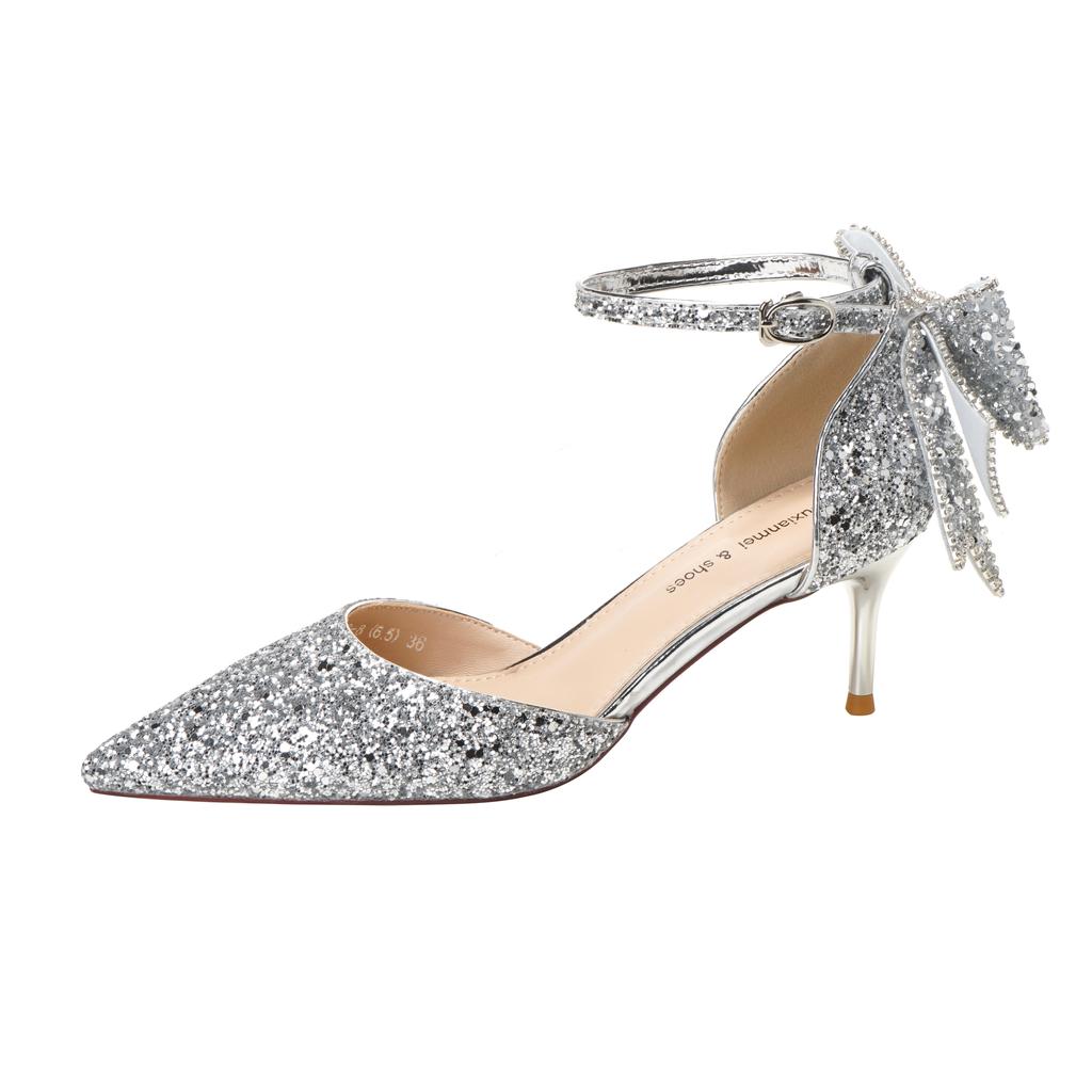 Летние роскошные женские модные босоножки с острым носком, блестками, стразами, бантом, кристаллами, на высоком каблуке, для вечеринки, свадьбы