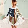 Girls Long Sleeve Star Stripe Printed Dress Fuzzy Collar Cuffs Bow Decor A Line Flared Hem