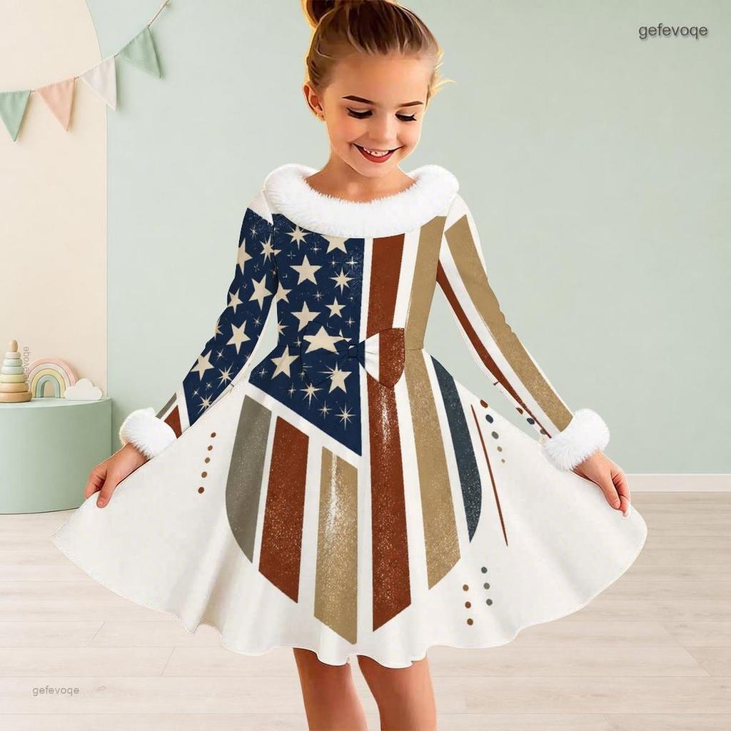 Girls Long Sleeve Star Stripe Printed Dress Fuzzy Collar Cuffs Bow Decor A Line Flared Hem