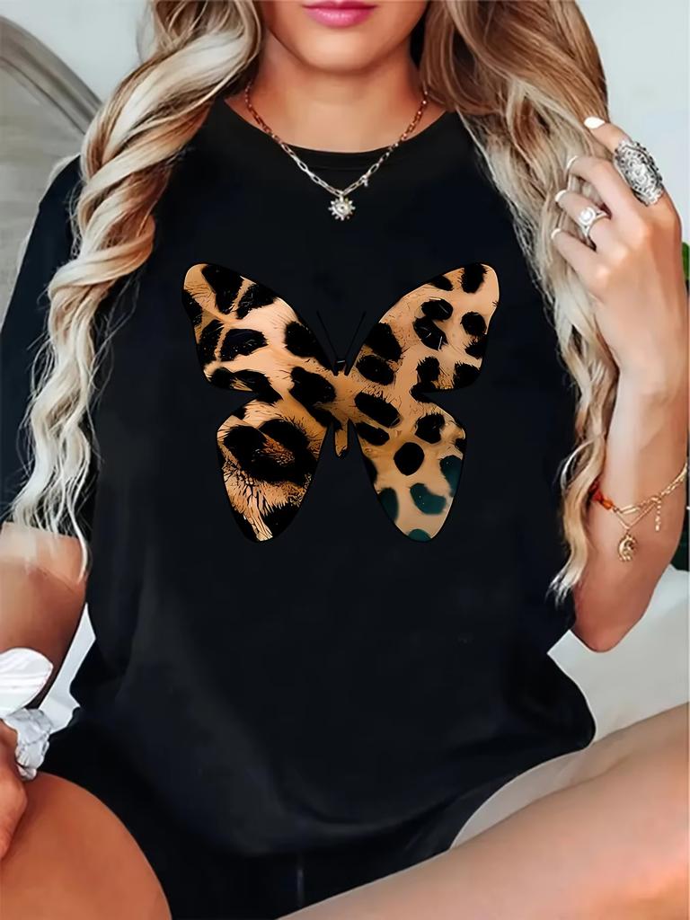 Womens Leopard Butterfly Graphic TShirt Soft Comfortable Casual Tee Short Sleeve Round Neck with Bold Leopard Print Design