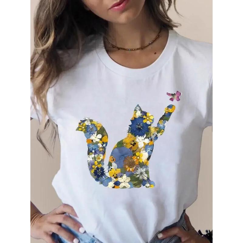 Летний топ с круглым вырезом и принтом в виде кошки, модные повседневные женские футболки из чистого хлопка с короткими рукавами