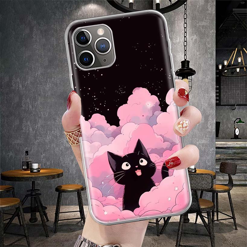 Аниме Милый Черный Кот Мяу Мягкий Чехол Для Телефона Для IPhone 11 17 Air 16E 16 Pro Max 15 + 14 Plus 13 Mini 12 Apple 7 SE 8 Fundas Coque