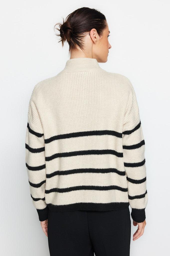 Женский свитер в элегантном стиле, мягкий текстурированный трикотаж в полоску на молнии, свитер с камнем