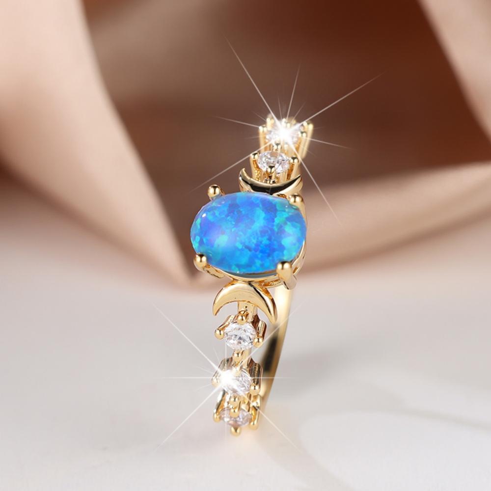 Женское ретро-кольцо с белым овальным опалом и маленькой луной, обручальное кольцо, ювелирное изделие, обручальное кольцо