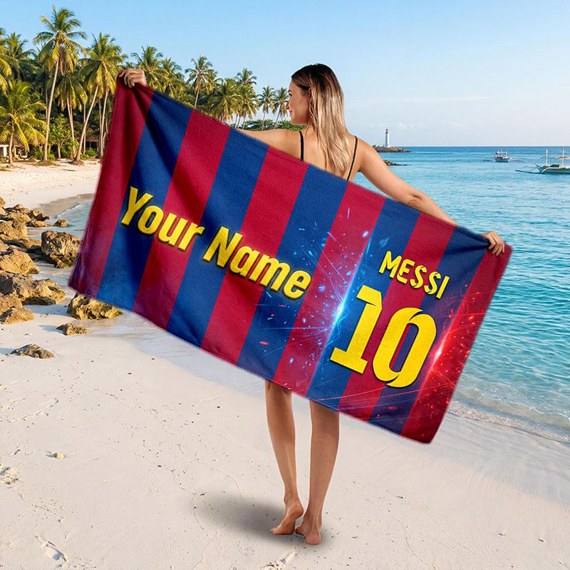 Lionel Messi Custom Beach Towel, Personalized Name Text Print, Football Logo Soft Quick‑Dry Towel Holiday Gift