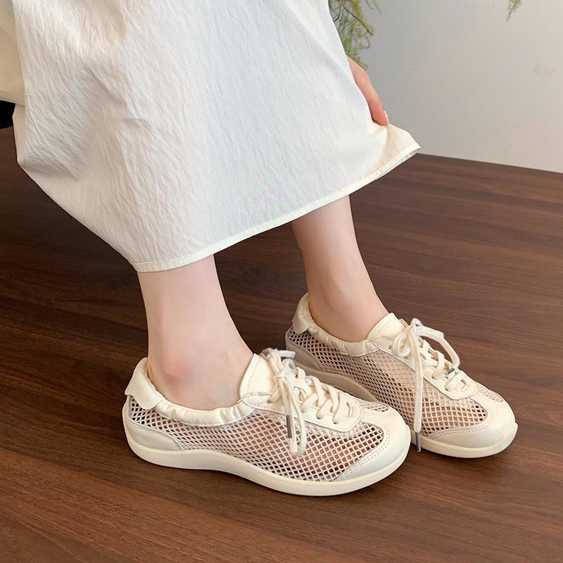 Flat Ballet Mesh Single Shoes Summer New Round Toe Spliced Front Lace-Up Lightweight Versatile Breathable Sneakers