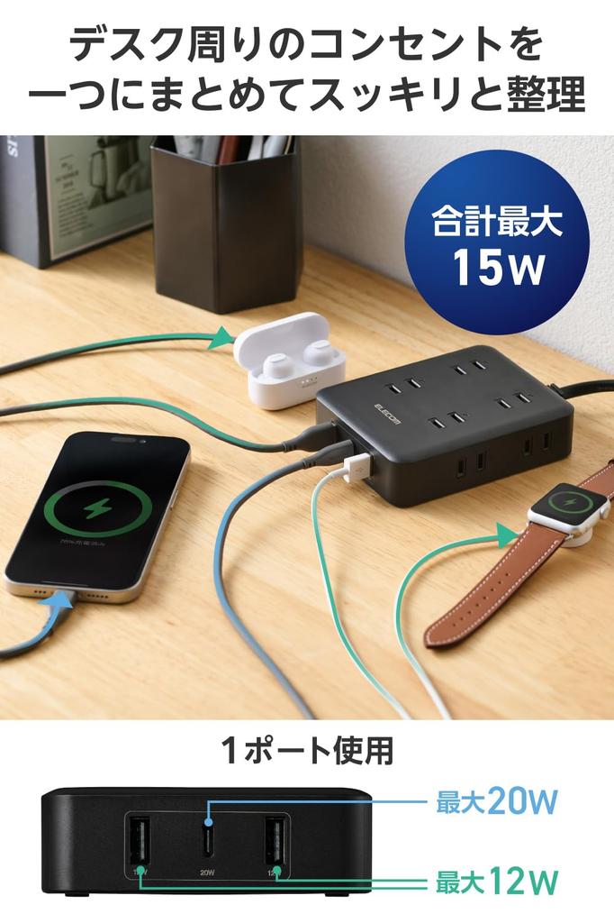 ELECOM Power Strip with USB Ports, 20W PD Compatible, 1 x Type-C, 2 x USB-A, 8 x AC Plugs, 1.5m Cable, Surge Protection, Dustproof Shutters, Black (EC