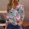 Women's Fashionable Casual Christmas Printed V-neck Three-quarter Sleeve Decorated Button Top