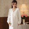 Women's Long-Sleeve Cotton Nightdress - French Lace, Princess Style, Versatile for Indoors/Outdoors, Perfect for Autumn/Winter.