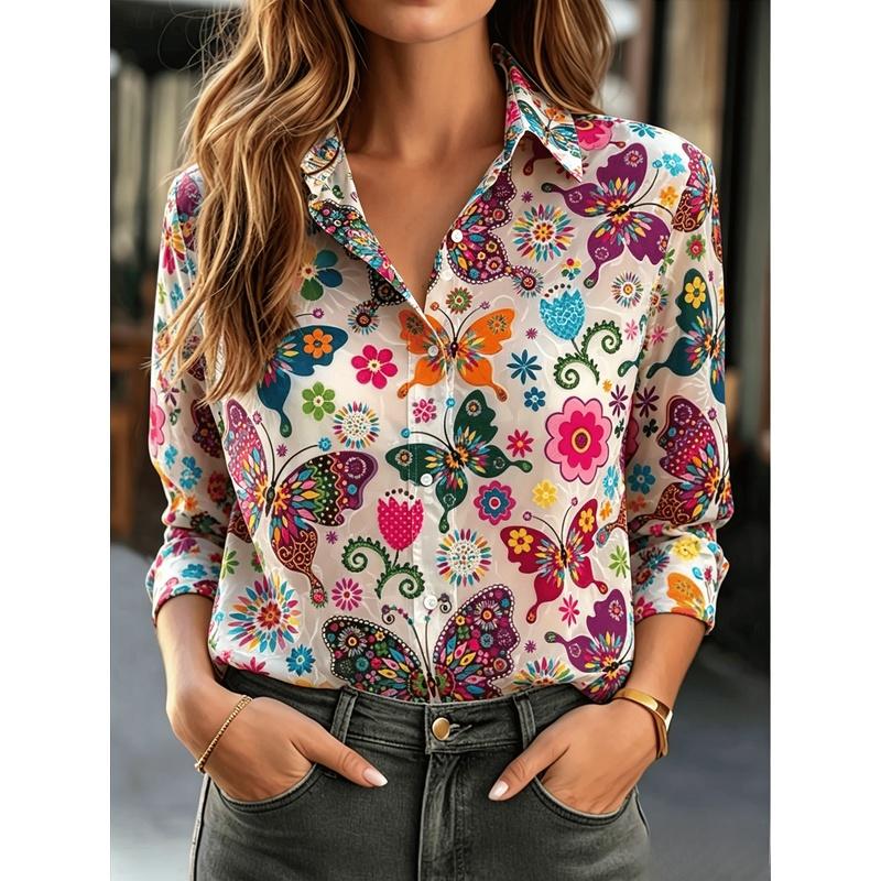 Women's Casual Long-Sleeve Shirt with Dark Base and Colorful Exotic Fruit Floral Print, Romantic and Lush, Versatile Top