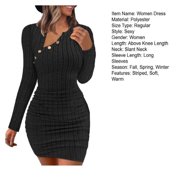 Женское осенне-зимнее платье, облегающий эластичный пуловер с длинным рукавом и пуговицами, полосатый косой вырез, мягкая оболочка, облегающий пуловер длиной выше колена, весна