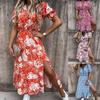 Summer Floral Print Dress Women V Neck Side Slit Long Dress Elegant Short Sleeve Button Slim Spring Female Party Dress