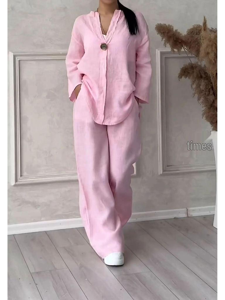 Летний женский комплект больших размеров из хлопка и льна: рубашка и длинные брюки с высокой талией