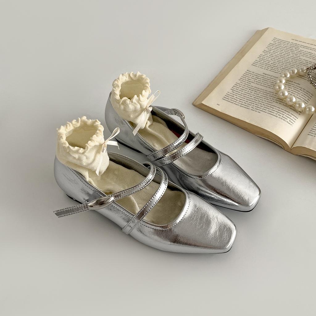 Серебристые французские туфли на плоской подошве с квадратным носком, женские, лето 2025, новинка, универсальные туфли Мэри Джейн на мягкой подошве для ношения с юбкой