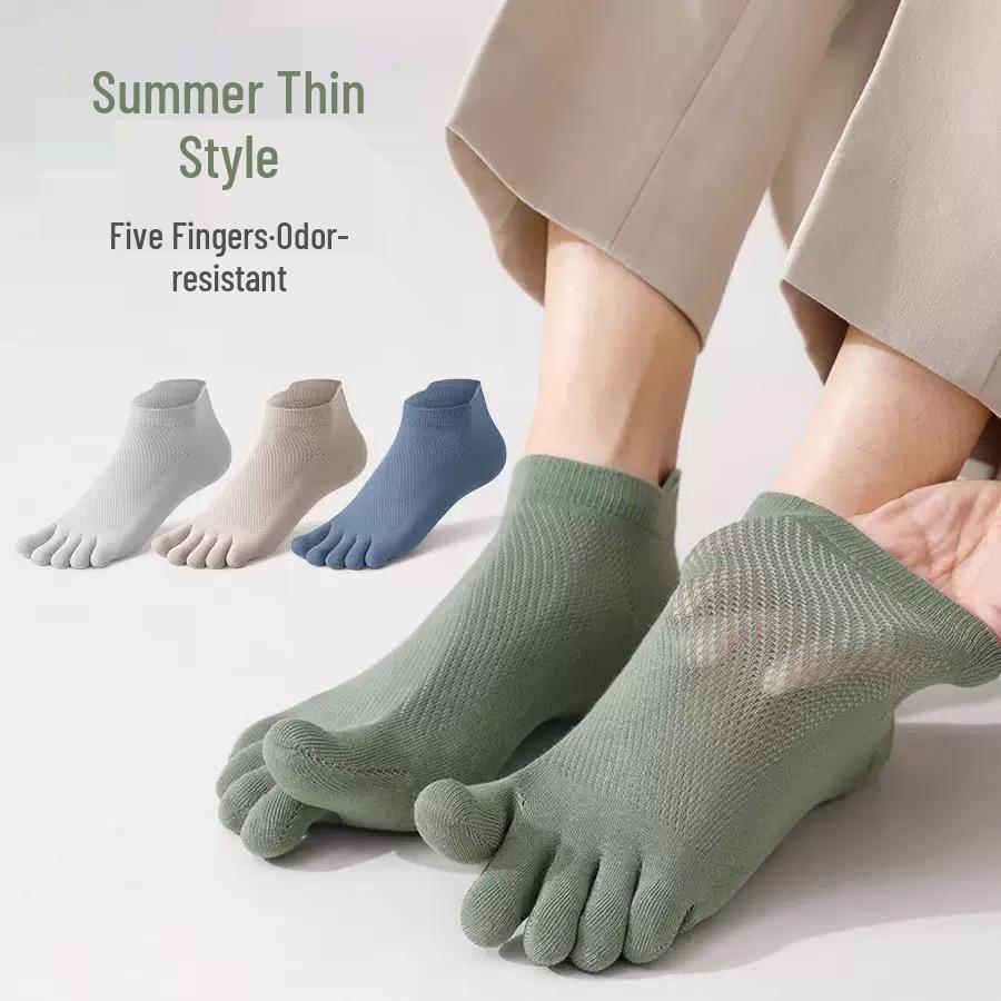 Men's Summer Five-Toe Anti-Odor Athletic Socks: Thin, Cotton, Antibacterial, Sweat-Absorbing, Boneless Toe Sports Socks