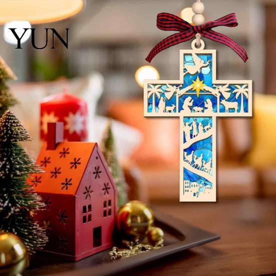 Bookish Christmas Tree Pendant Wooden Hollowed Pendant, Cross/Christmas Hanging Ornament, Decorative Book Decoration Plaid Bow Decor Craft for